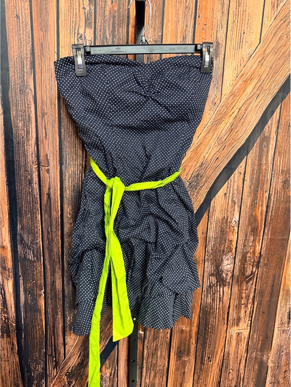 Speechless Y2K Navy Blue Polka Dot Strapless Dress with Neon Green Belt Size 3